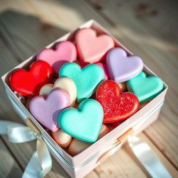 A beautifully arranged box filled with colorful heart-shaped candies, each candy displaying a different pastel color like pink, red, lavender, and mint green