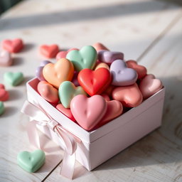 A beautifully arranged box filled with colorful heart-shaped candies, each candy displaying a different pastel color like pink, red, lavender, and mint green