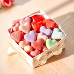 A beautifully arranged box filled with colorful heart-shaped candies, each candy displaying a different pastel color like pink, red, lavender, and mint green