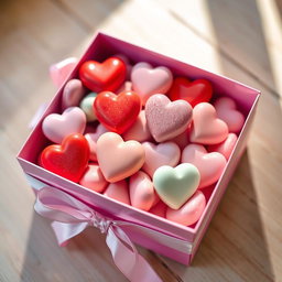 A beautifully arranged box filled with colorful heart-shaped candies, each candy displaying a different pastel color like pink, red, lavender, and mint green