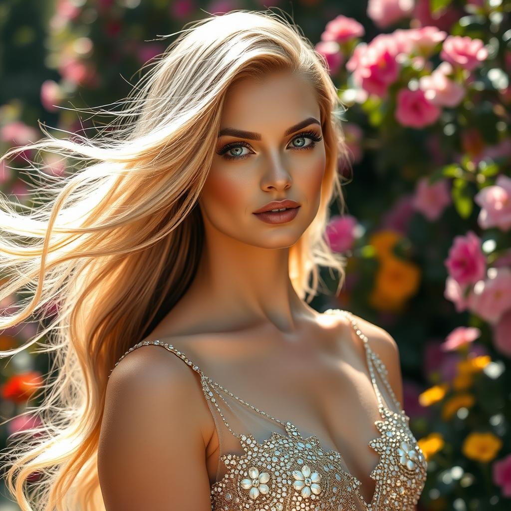 A stunning close-up portrait of a glamorous woman with flowing golden hair, dressed in an elegant sparkling dress adorned with sequins, the background a blurred garden filled with colorful blooming flowers, soft sunlight filtering through the leaves, capturing the essence of beauty and elegance
