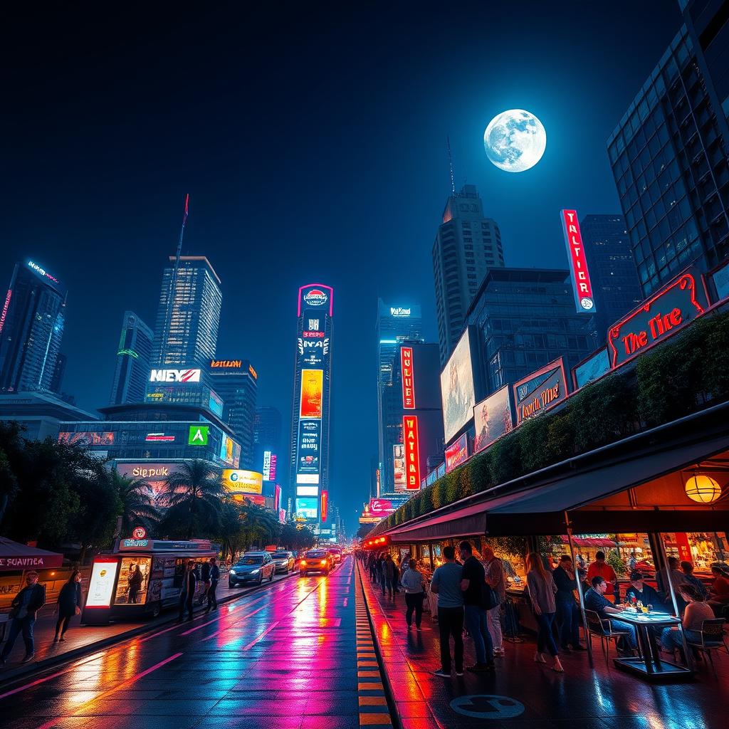 A stunning nighttime cityscape featuring a bustling urban area with bright, colorful lights reflecting on wet pavement