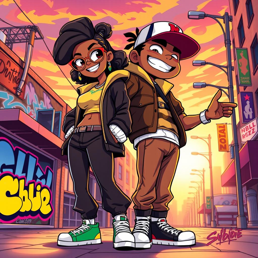 A dynamic and expressive illustration featuring two characters, Mai Cent and Duke Dennis, embodying the playful spirit of Skibidi Rizz in Ohio