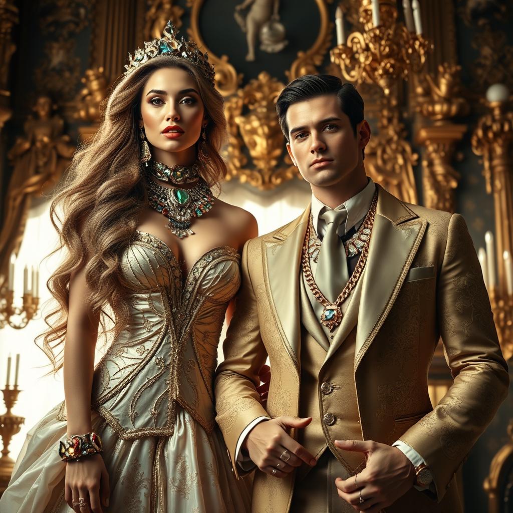 A surrealistic depiction of two affluent individuals portrayed as 'slaves' in an imaginative setting, showcasing them in luxurious attire adorned with lavish jewelry
