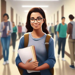 A digital art image of a young woman in a college hallway