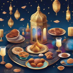 Generate an image encapsulating the spirit of Ramadan, featuring traditional Islamic symbols, twinkling starry skies, crescent moons, festive lanterns, and families breaking their fast together at an opulent laid table.