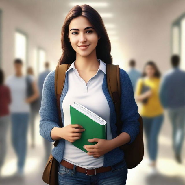 A digital art image of a young woman in a college hallway