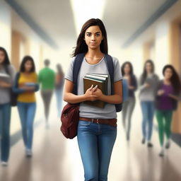 A digital art image of a young woman in a college hallway