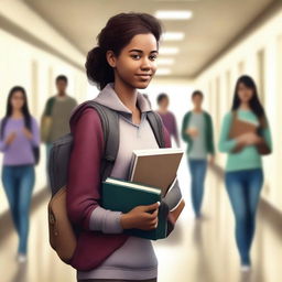 A digital art image of a young woman in a college hallway