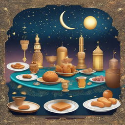 Generate an image encapsulating the spirit of Ramadan, featuring traditional Islamic symbols, twinkling starry skies, crescent moons, festive lanterns, and families breaking their fast together at an opulent laid table.