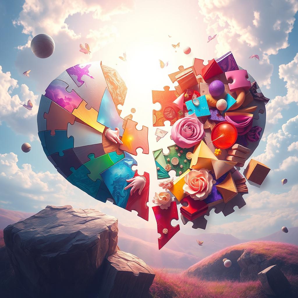 A surreal artwork depicting a blend of fractured pieces coming together, symbolizing the journey from heartbreak to healing