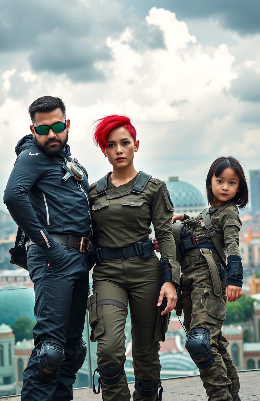 A 35-year-old man wearing sleek, futuristic attire with high-tech accessories, alongside a 30-year-old woman with striking red hair in military-style battle fatigues, and a 16-year-old girl with black hair, all standing in a dynamic pose