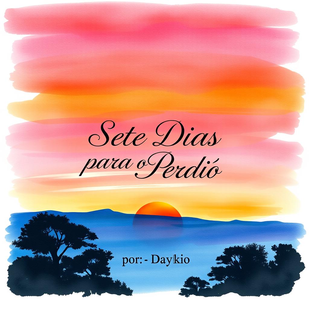 A book cover design featuring a beautiful watercolor painting depicting a sunset and twilight scene