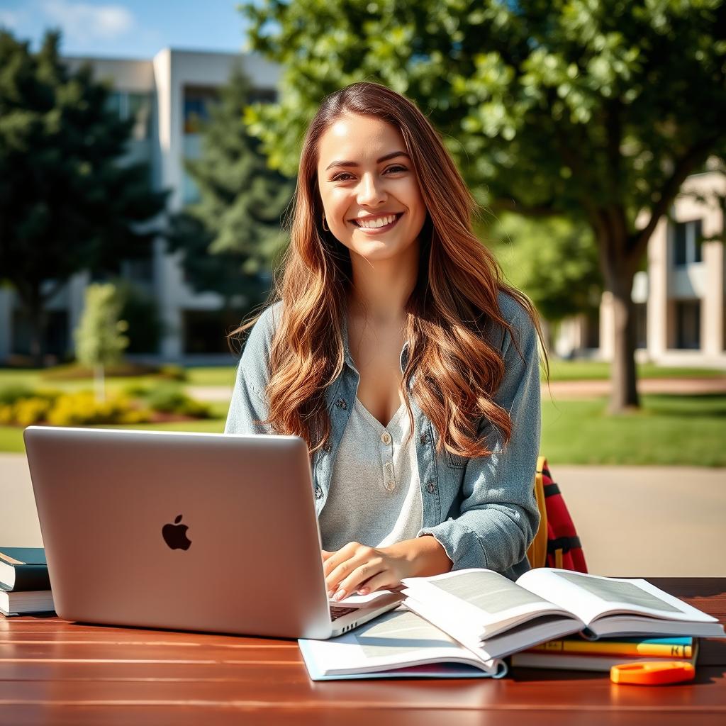 A cheerful college girl sitting at a university study table surrounded by textbooks and a laptop, dressed in a stylish casual outfit with a colorful backpack next to her