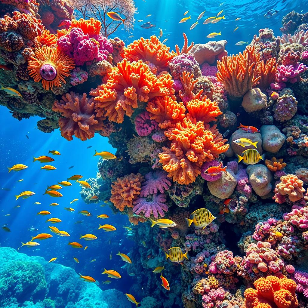 A vibrant underwater scene showcasing a stunning coral reef teeming with colorful marine life, ideal for an aquarium poster