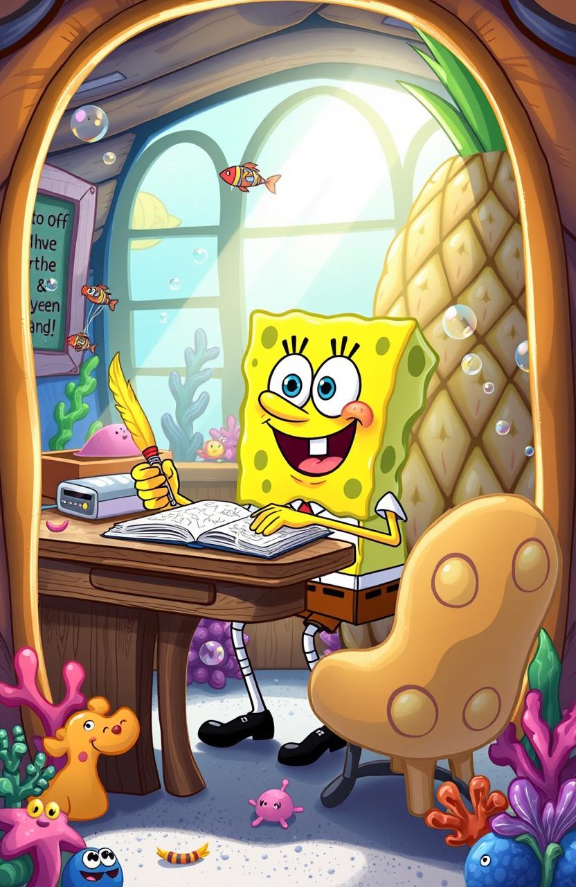 A whimsical illustration of SpongeBob SquarePants sitting at a wooden desk in his pineapple house, writing in his diary with a bright yellow quill