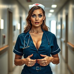 A beautiful 30-year-old woman dressed as a sexy nurse, showcasing her ample cleavage while facing the camera with a surprised expression
