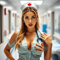A stunning 30-year-old woman dressed as a sexy nurse, proudly displaying her generous cleavage while facing the camera with a surprised and alluring expression