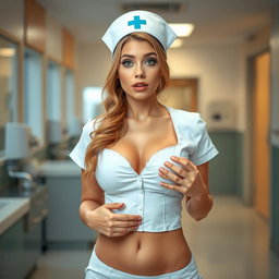 A captivating 30-year-old woman dressed as a sexy nurse, prominently displaying her generous cleavage while facing the camera with a surprised expression