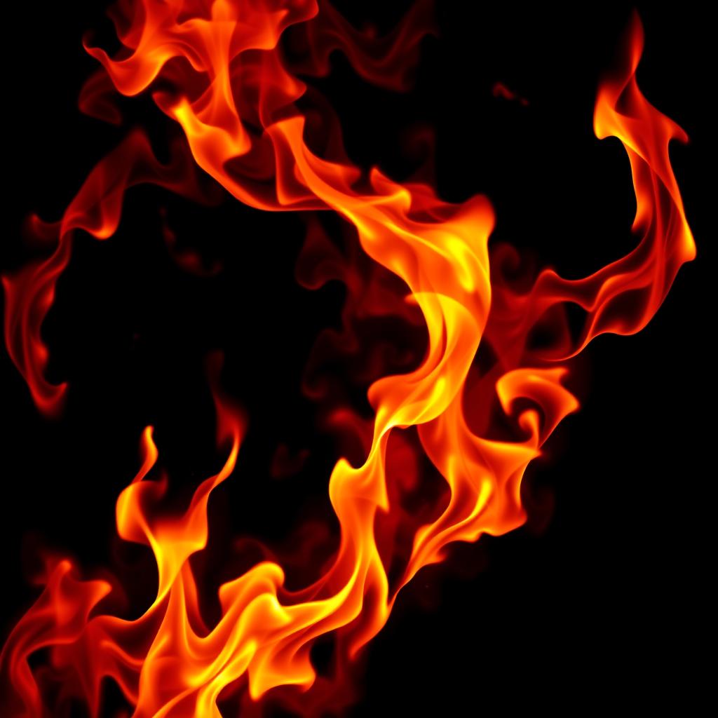 A dramatic portrayal of the element of fire, featuring vibrant red, orange, and yellow flames dancing and swirling against a dark background