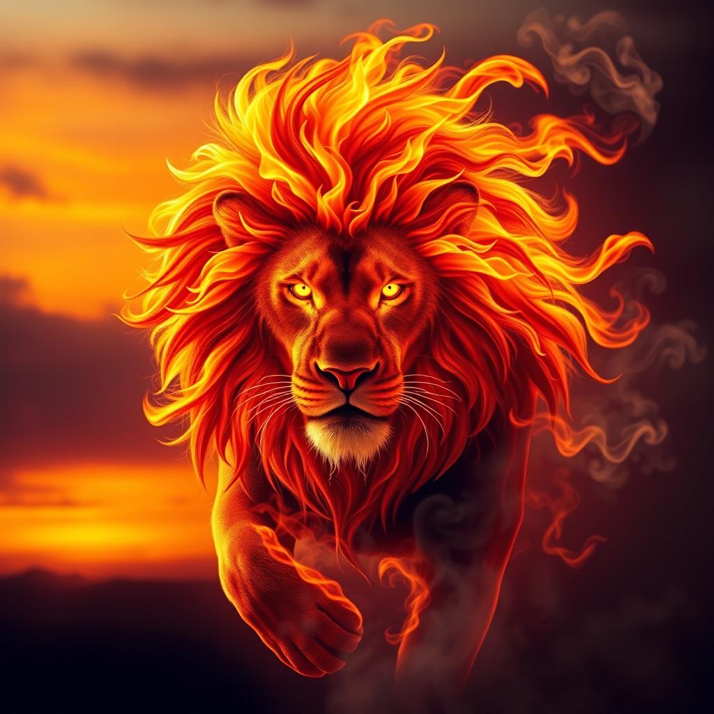 A fierce and majestic lion made entirely of flames, its mane swirling dynamically like fire