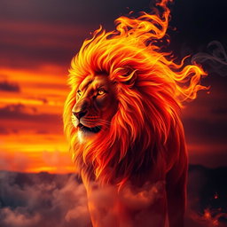A fierce and majestic lion made entirely of flames, its mane swirling dynamically like fire