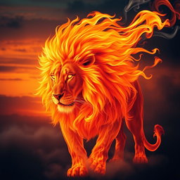 A fierce and majestic lion made entirely of flames, its mane swirling dynamically like fire