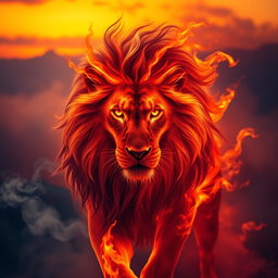 A fierce and majestic lion made entirely of flames, its mane swirling dynamically like fire