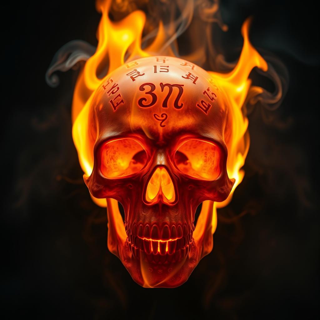 A hauntingly beautiful image of a flaming skull, glowing with bright orange and yellow flames licking around the contours of the skull
