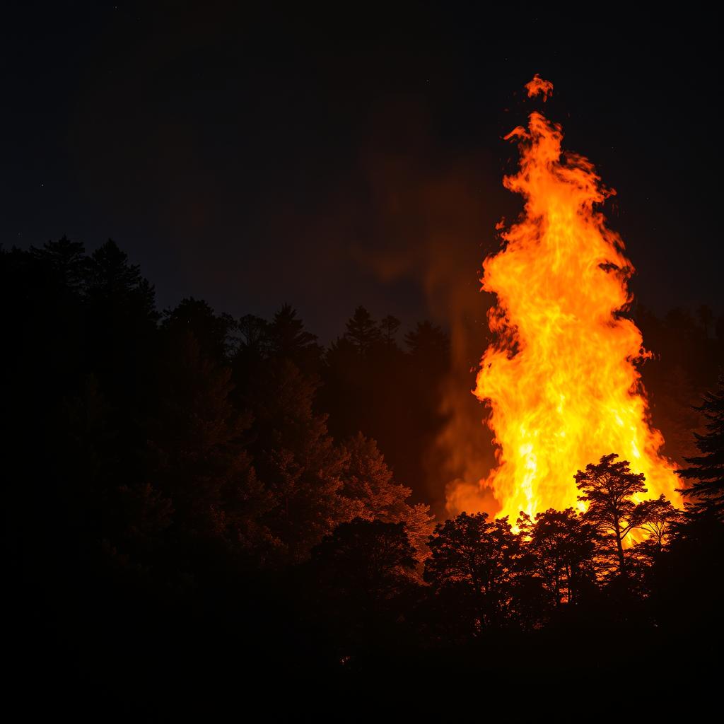 A majestic crown fire blazing in a dense forest, with vibrant orange and red flames reaching skyward, illuminating the darkened trees surrounding it