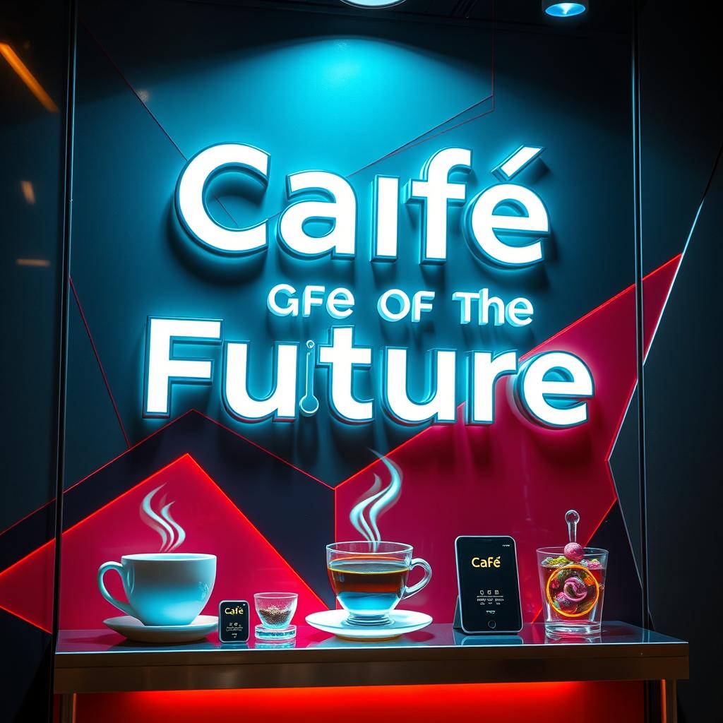 A futuristic cafe signage featuring sleek, illuminated text that reads 'Café of the Future'