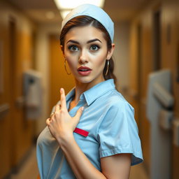 A beautiful 30-year-old woman dressed as a nurse, facing the camera with a surprised expression