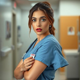 A beautiful 30-year-old woman dressed as a nurse, facing the camera with a surprised expression