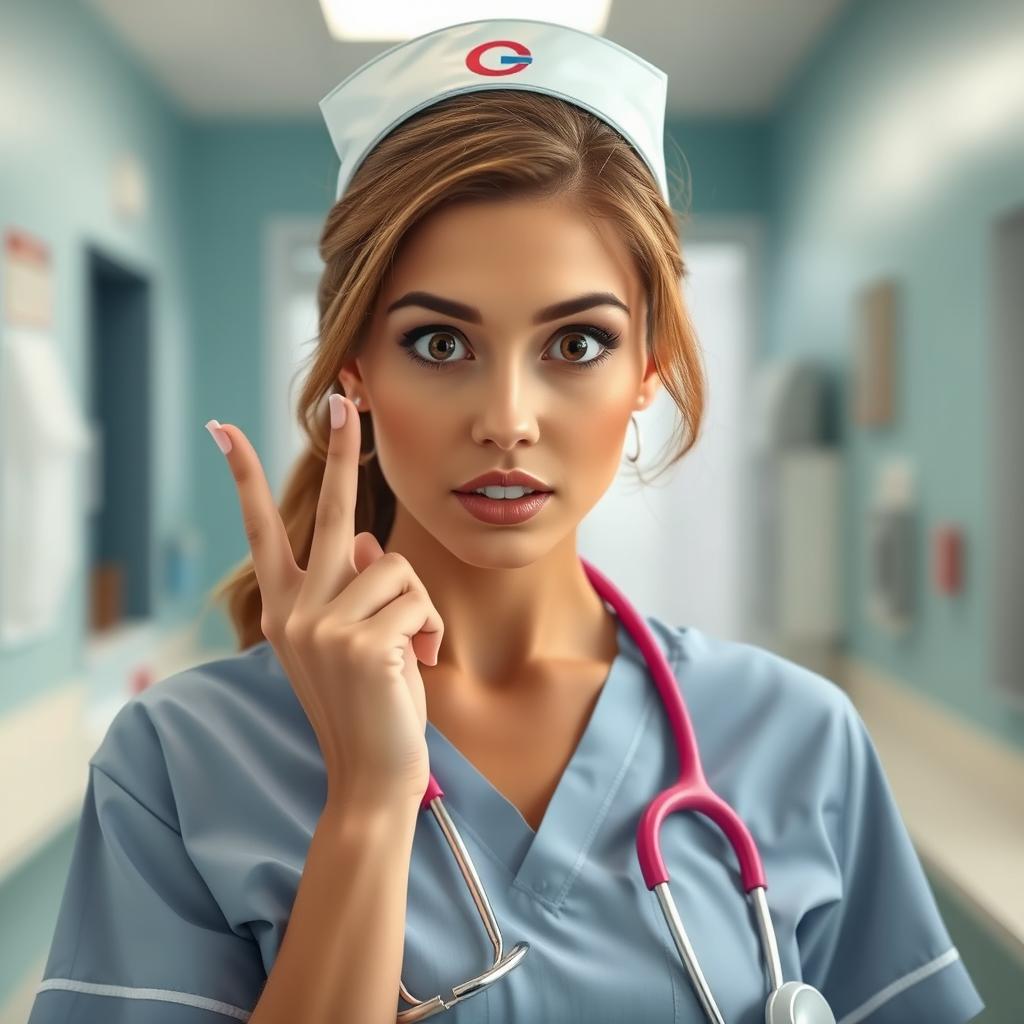 A beautiful 30-year-old woman dressed as a nurse, facing the camera with a surprised expression