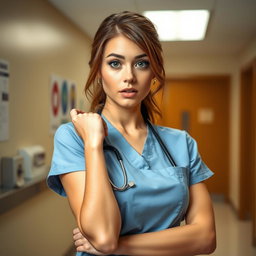 A beautiful 30-year-old woman dressed as a nurse, facing the camera with a surprised expression
