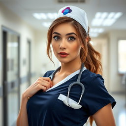A beautiful 30-year-old woman dressed as a nurse, facing the camera with a surprised expression