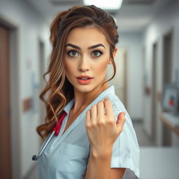 A beautiful 30-year-old woman dressed as a nurse, facing the camera with a surprised expression