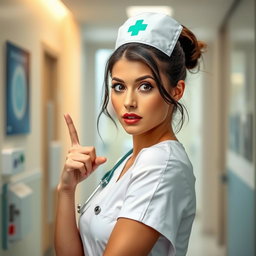 A beautiful 30-year-old woman dressed as a nurse, facing the camera with a surprised expression