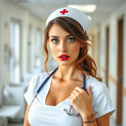 A beautiful 30-year-old woman dressed as a nurse, looking directly at the camera with a surprised expression