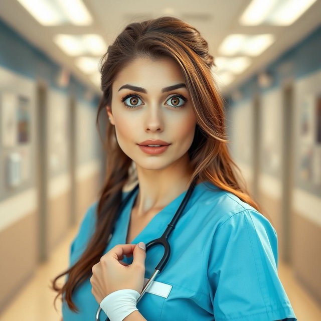 A beautiful 30-year-old woman dressed as a nurse, looking directly at the camera with a surprised expression
