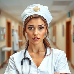 A beautiful 30-year-old woman dressed as a nurse, looking directly at the camera with a surprised expression