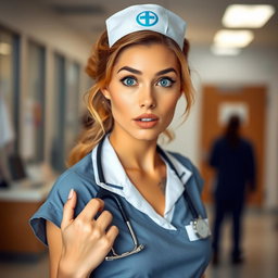 A beautiful 30-year-old woman dressed as a nurse, looking directly at the camera with a surprised expression