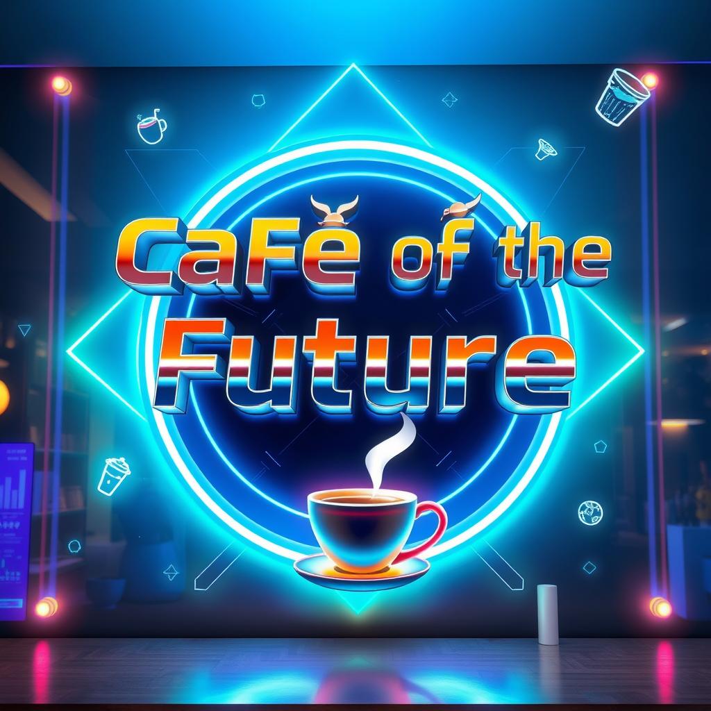 A vibrant and inviting signage design for a futuristic café, featuring sleek metallic lettering and neon accents