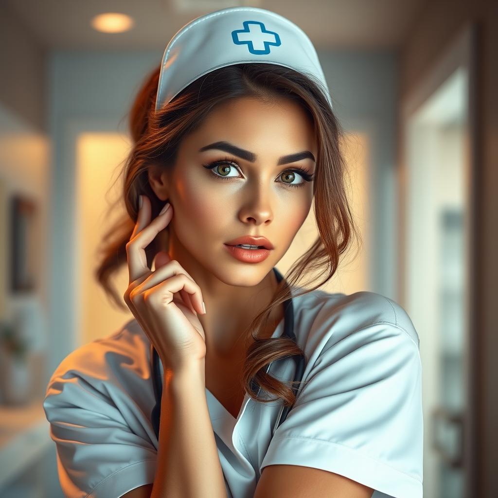 A beautiful 30-year-old woman dressed as a nurse, looking directly at the camera with a surprised expression