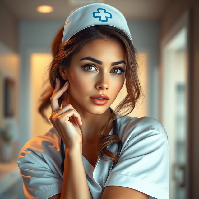 A beautiful 30-year-old woman dressed as a nurse, looking directly at the camera with a surprised expression