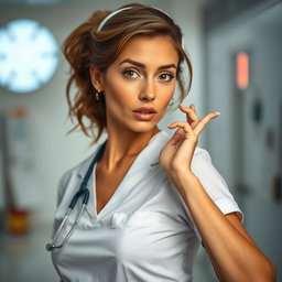 A beautiful 30-year-old woman dressed as a nurse, looking directly at the camera with a surprised expression