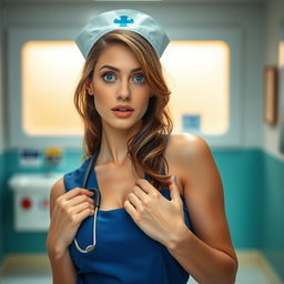 A beautiful 30-year-old woman dressed as a nurse, looking directly at the camera with a surprised expression