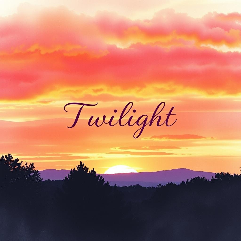 A romantic book cover featuring a stunning sunset similar to Twilight, with a beautiful and vibrant watercolor landscape