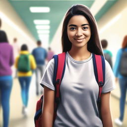 A digital art image of a young woman in a college hallway