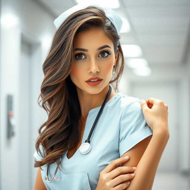 A stunning 30-year-old woman dressed as a nurse, looking directly at the camera with an expression of surprise